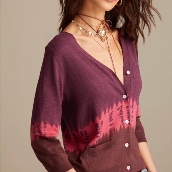 NWT Lucky Brand Women's V-Neck Ombre Button Down Cardigan - Burgundy and Coral - Picture 3 of 8